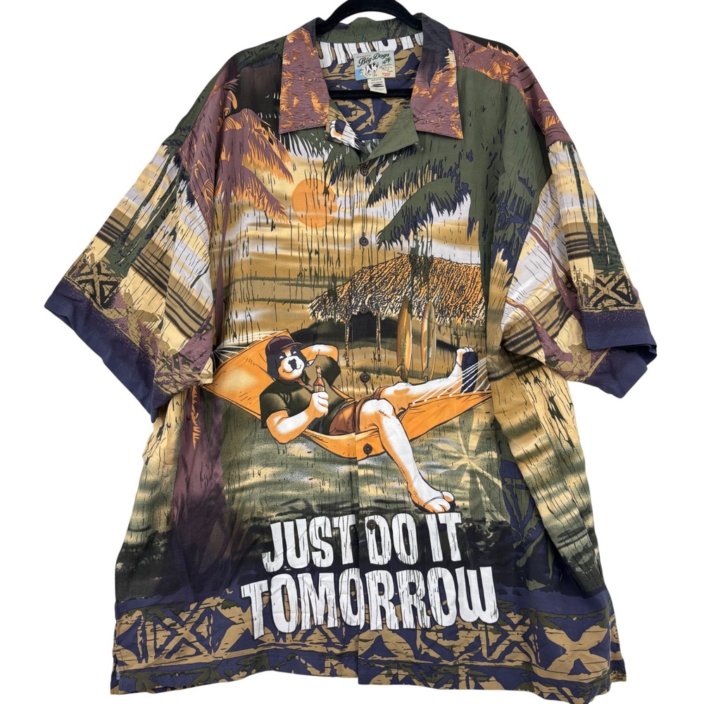 Big Dogs Just Do It Tomorrow Button Down Shirt Mens 3X Multicolor Rayon Tropical